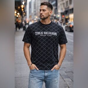 True Religion Men’s Black Logo Grid Short Sleeve T-Shirt
